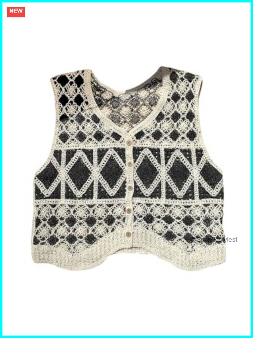 Boho Crochet Knit Sweater Vest Sleeveless V Neck Button Up Checkered Tank Top